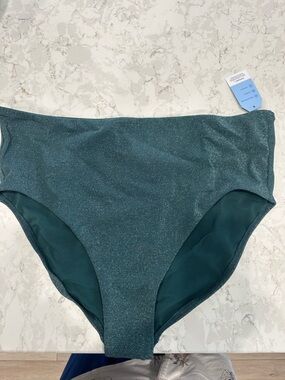 Women’s High-Waist Shimmery Bikini Bottom - Color-  Deep Balsam Teal Shine